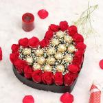 Rose And Rocher In A Heart shaped gift box