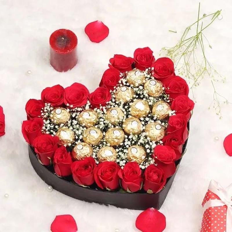 Rose And Rocher In A Heart shaped gift box
