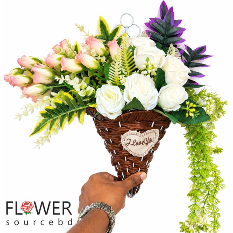 Wall Hanging Iron Tub with Artificial Flowers