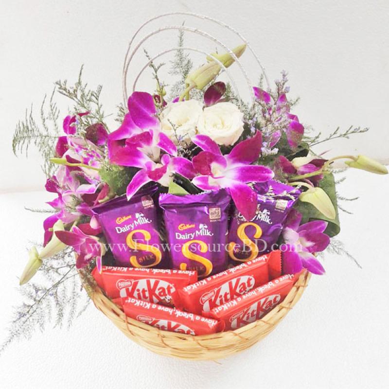 Orchids With Chocolates Basket
