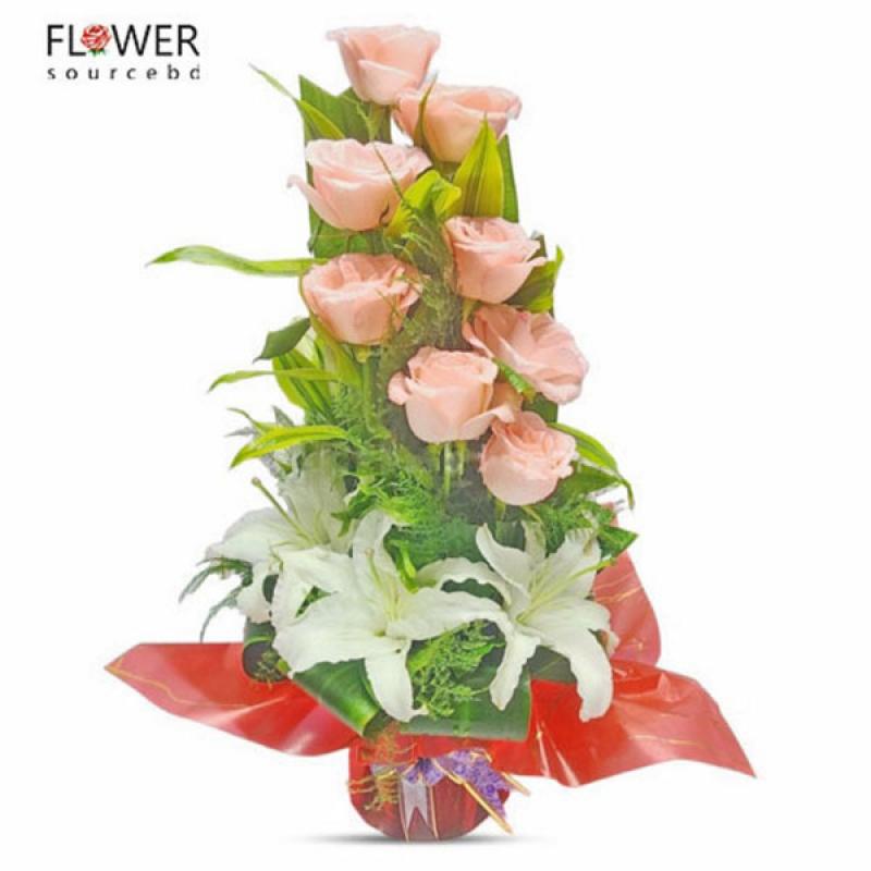 Bouquet Of Pink Roses With White Lily