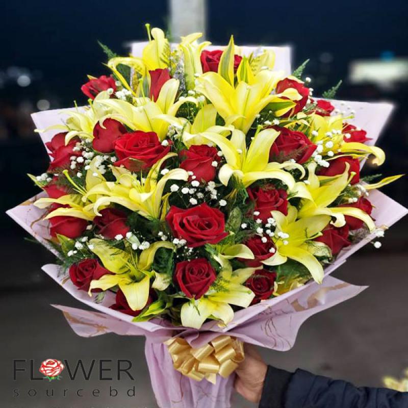 Yellow Lily & Red Rose Hand Bouquet