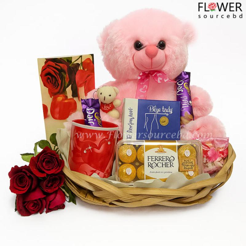 Blue lady perfume with flower, teddy and chocolate